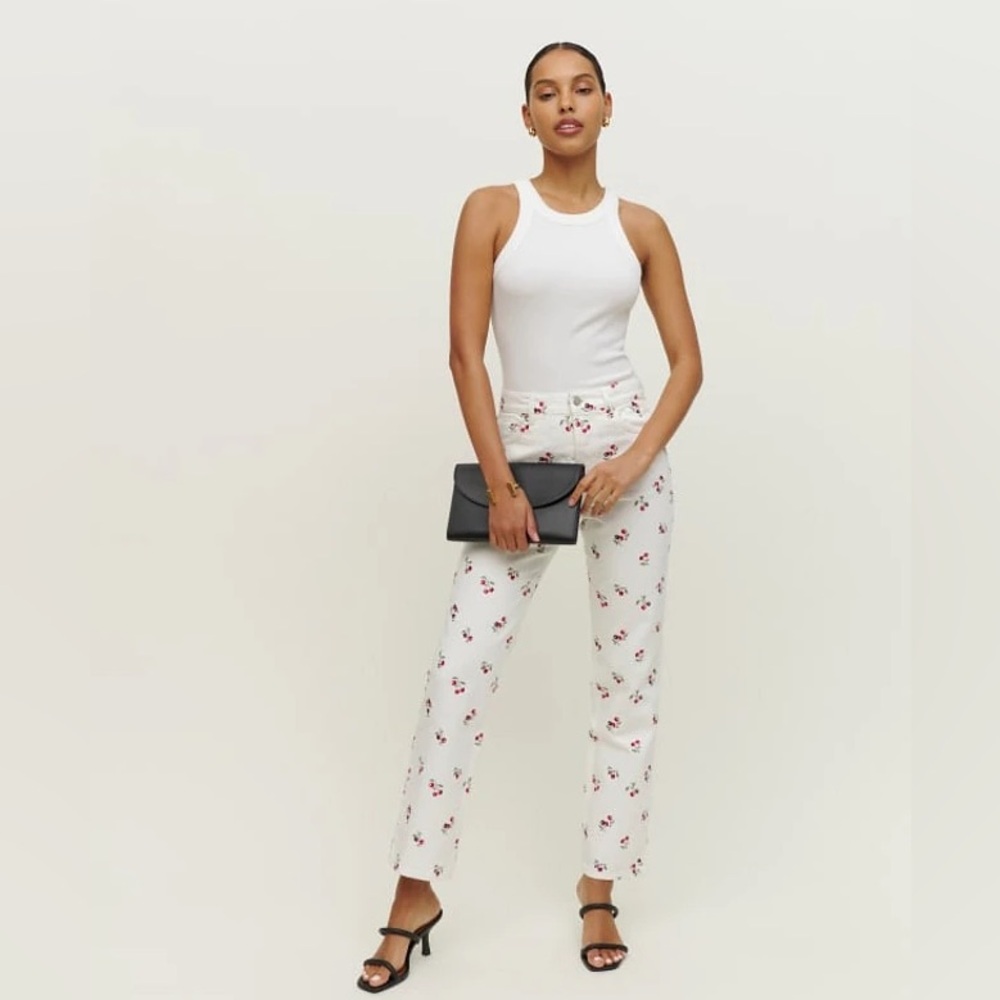 Cherries Embroidered High Rise Straight Jeans